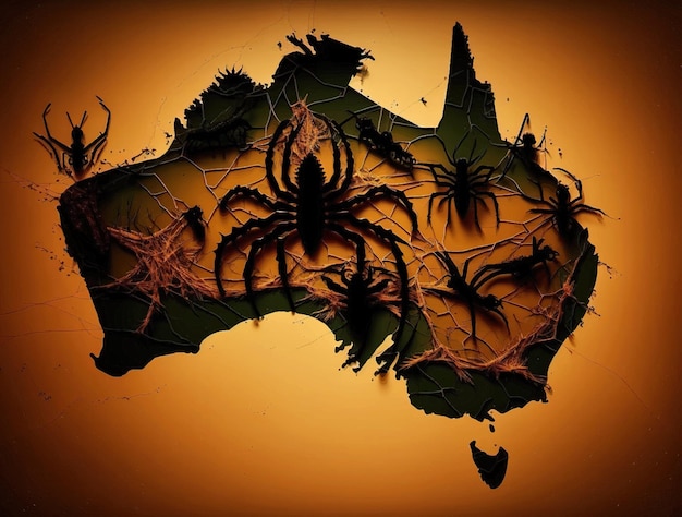 Mapa de Australia con naturaleza salvaje, arañas gigantes, serpientes y cocodrilos, naturaleza aterradora.