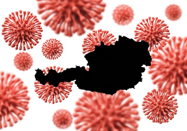 Mapa de Austria sobre una representación científica de fondo de microbios de virus d