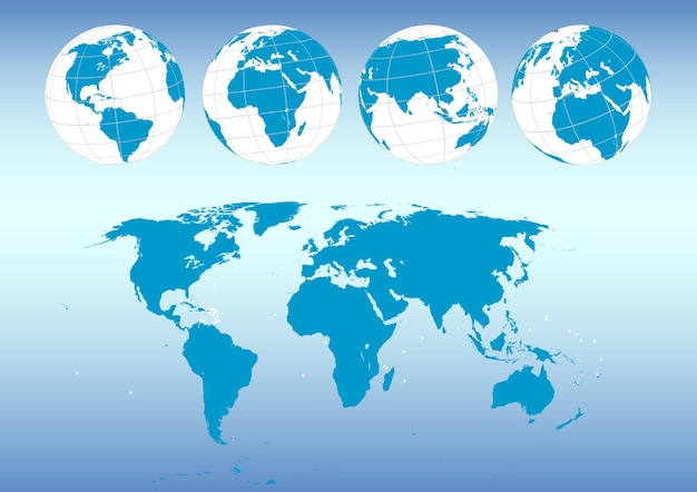 un mapa azul y blanco del mundo con los continentes y el globo azul y blanco en él
