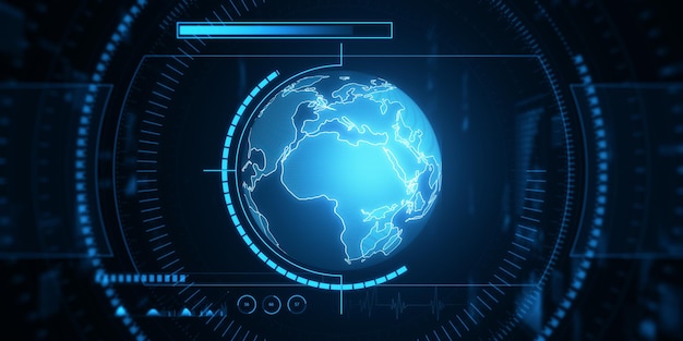 Mapa azul brillante creativo o holograma de globo sobre fondo oscuro Metaverso de la Tierra y concepto de tecnología Representación 3D