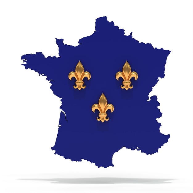 Mapa azul de Francia con 3 fleur de lys de oro Bandera francesa antigua Representación 3D