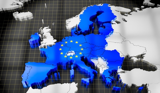 Mapa y bandera de los países de la Unión Europea ilustración 3D