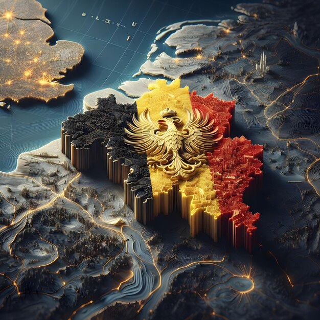 Mapa de Bélgica con la bandera del país ondeando foto realista