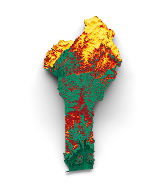 Foto mapa de benín con la bandera colores verde rojo y amarillo mapa en relieve sombreado ilustración 3d