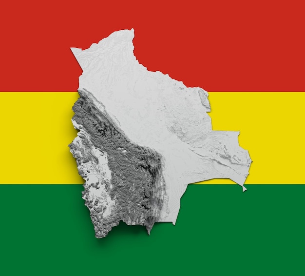 Mapa de Bolivia Bandera boliviana Relieve sombreado Mapa de altura de color sobre fondo blanco Ilustración 3d
