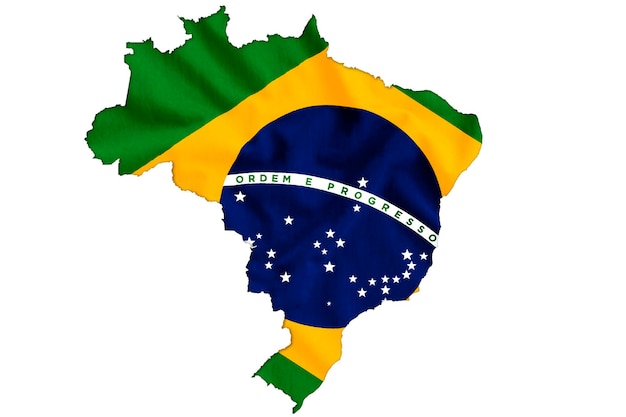 Mapa de Brasil con bandera brasileña y fondo blanco.