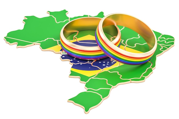 Mapa brasileiro com anéis de arco-íris LGBT renderização em 3D