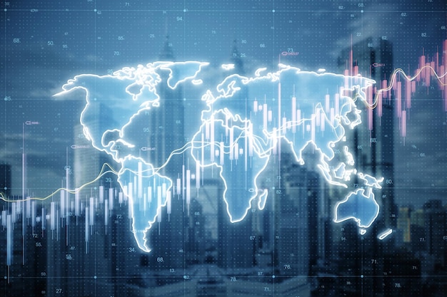 Mapa brilhante com gráfico forex na textura da cidade embaçada Estatísticas e dados financeiros Analytics Mercado de ações, finanças e negociação, investimento Dupla exposição