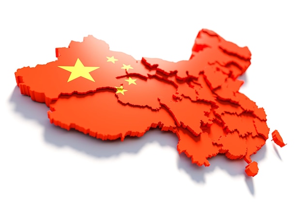 Mapa de China con colores de bandera y sombra sobre fondo blanco por representación 3D
