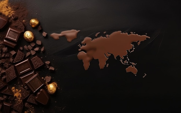 Un mapa de chocolates y un mapa del mundo.