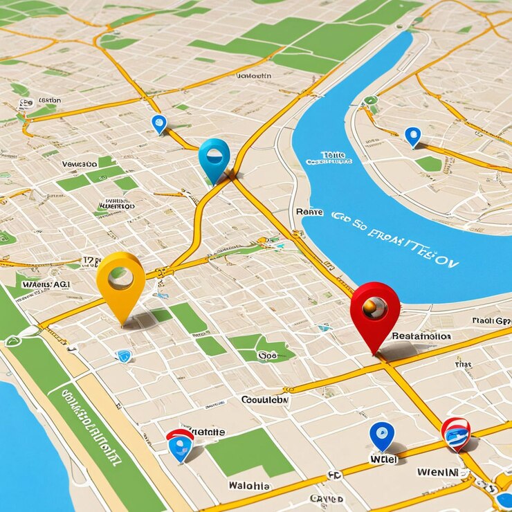 un mapa de una ciudad con un marcador rojo en él