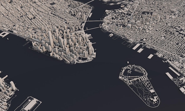 Mapa de la ciudad de nueva york d renderizado vista satelital aérea