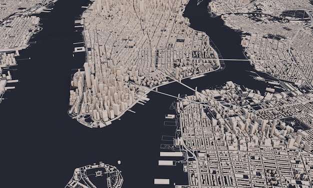 Mapa de la ciudad de nueva york d renderizado vista satelital aérea