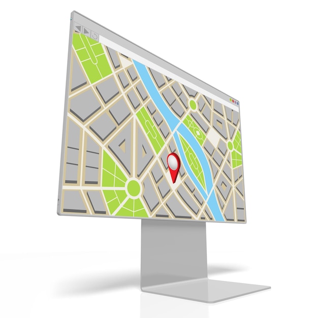 Mapa de la ciudad con pin de ubicación en el monitor de la computadora ilustración 3D