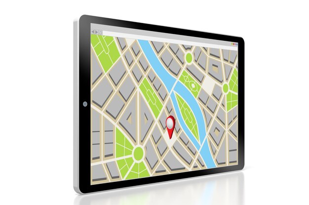 Mapa de la ciudad con pin de ubicación en una tableta ilustración 3D