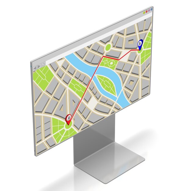 Mapa de la ciudad con la ruta del mercado por dos pines en la ilustración 3D del monitor de la computadora