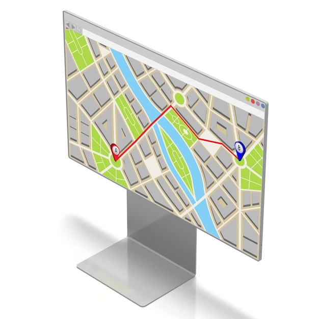 Mapa de la ciudad con la ruta del mercado por dos pines en la ilustración 3D del monitor de la computadora