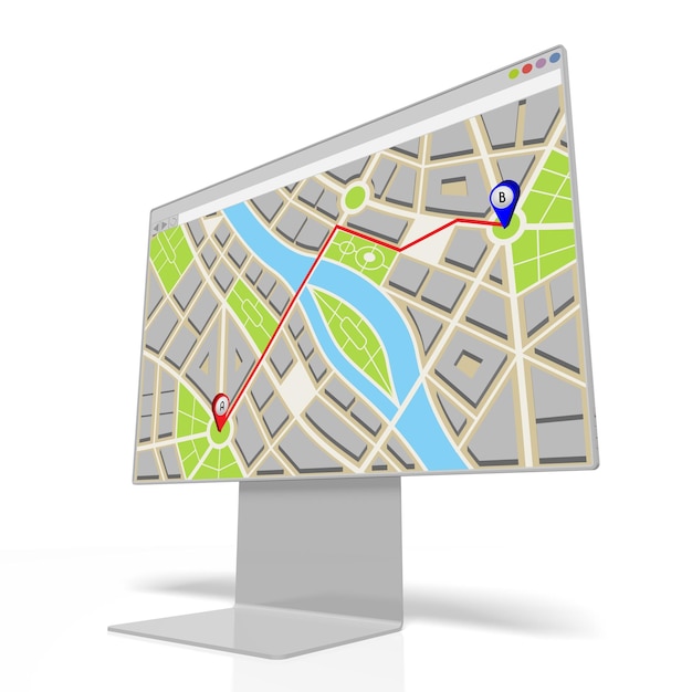Mapa de la ciudad con la ruta del mercado por dos pines en la ilustración 3D del monitor de la computadora