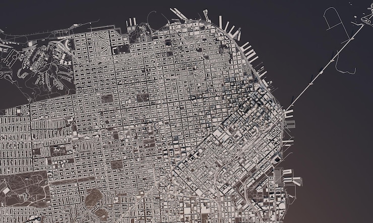 Foto mapa de la ciudad de san francisco d renderizado vista satelital aérea