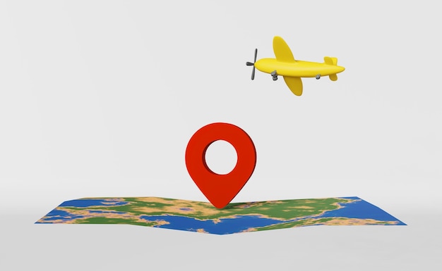 Mapa com ponto de pino de geolocalização Banner de renderização em 3D Marcador de localização GPS vermelho Avião voador Transporte de rota de viagem