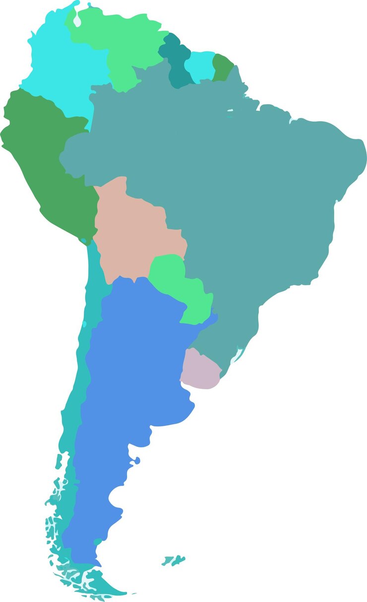 Mapa del contorno de América del Sur con relleno de color en un fondo blanco