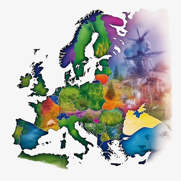 Un mapa creativo de Europa con mucha naturaleza dibujada en colores brillantes
