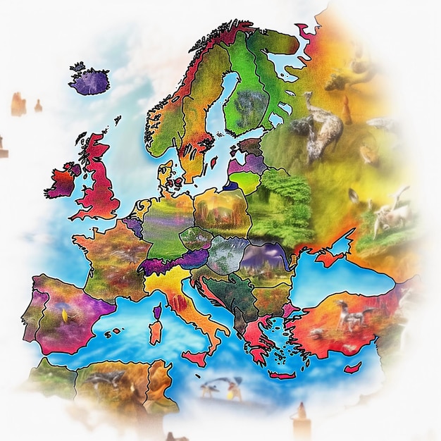 Un mapa creativo de Europa con mucha naturaleza dibujada en colores brillantes