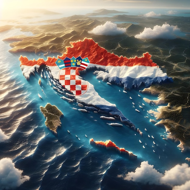 Foto mapa de croacia con la bandera del país ondeando foto realista