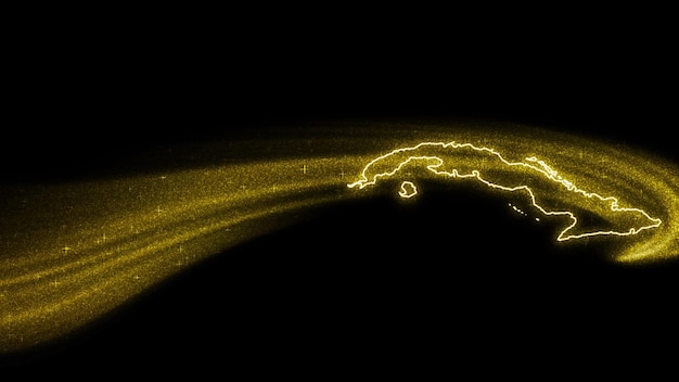 Mapa de Cuba, mapa de brillo dorado sobre fondo oscuro