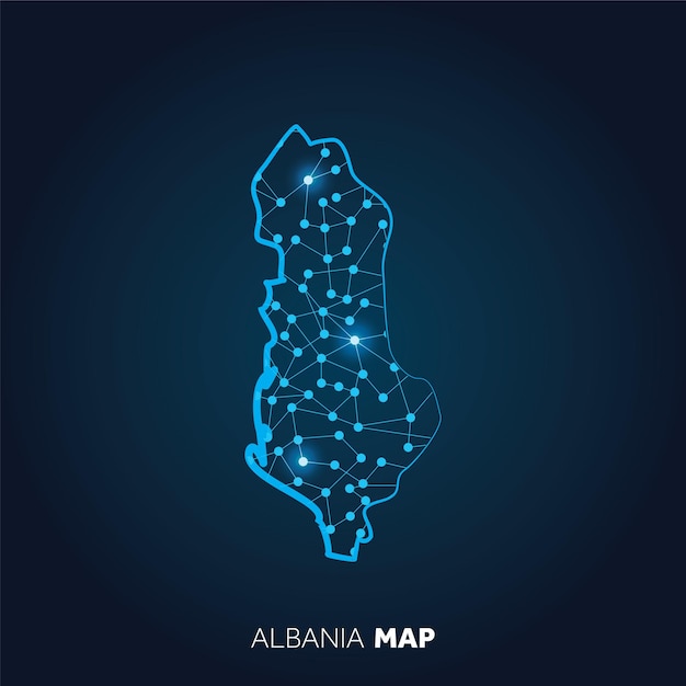 Mapa da albânia feito com linhas conectadas e pontos brilhantes