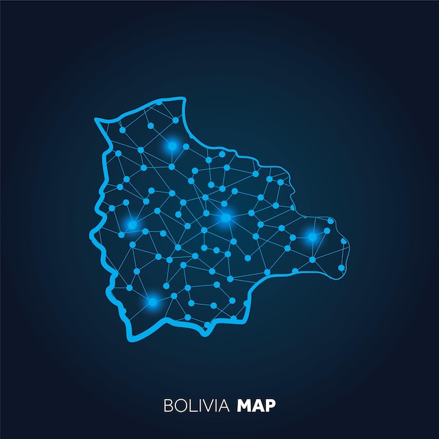 Mapa da Bolívia feito com linhas conectadas e pontos brilhantes