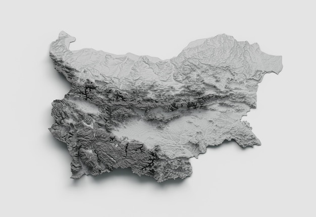 Mapa da bulgária, relevo sombreado, mapa de altura de cor na ilustração 3d de fundo branco