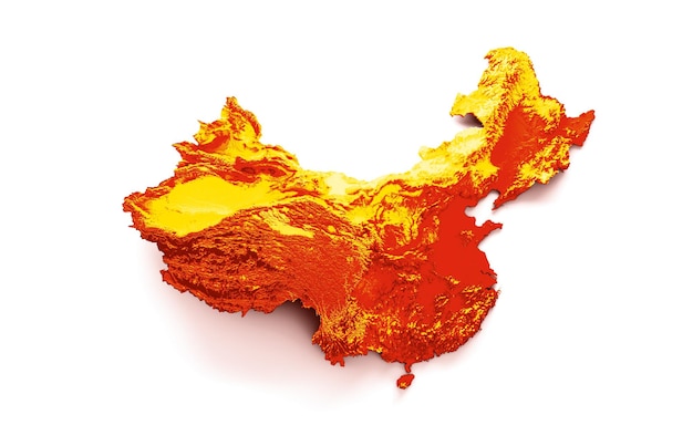 Mapa da china com a bandeira cores vermelho e amarelo ilustração 3d do mapa de relevo sombreado