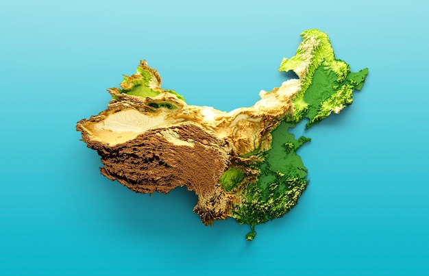 Mapa da China, relevo sombreado, mapa de altura de cor no mar, fundo azul, ilustração 3d