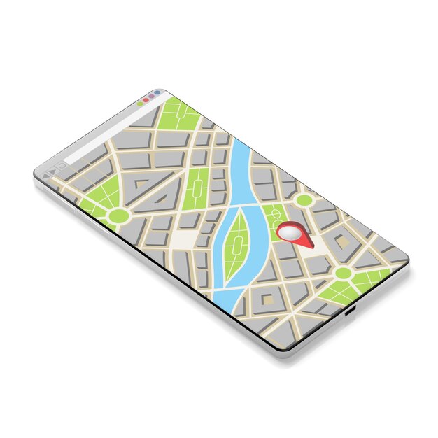 Mapa da cidade com pino de localização em uma ilustração 3D de smartphone