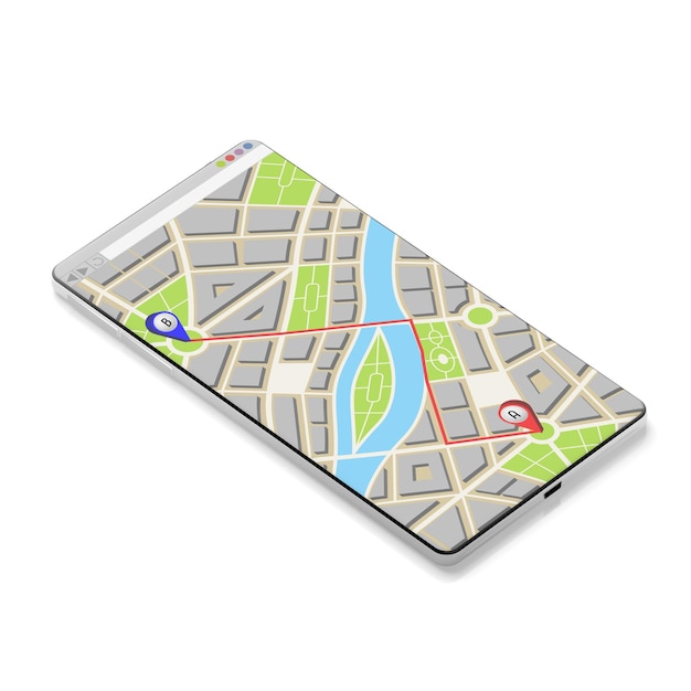 Mapa da cidade com rota de mercado por dois pinos em uma ilustração 3D de smartphone