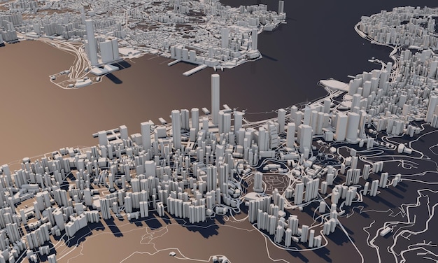 Mapa da cidade de Honk Kong d renderizando a vista aérea de satélite