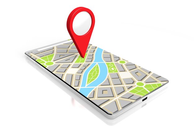 Mapa da cidade e pino de destino em uma ilustração 3D de smartphone