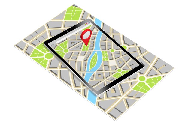 Mapa da cidade e pinos de destino em uma ilustração 3D de smartphone
