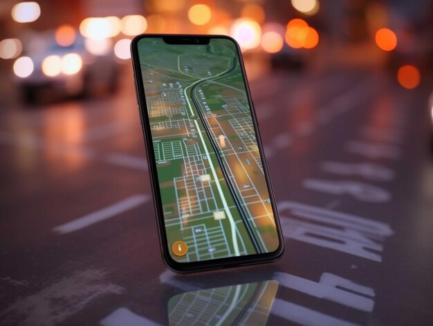 Mapa da cidade em um celular com fundo claro bokeh