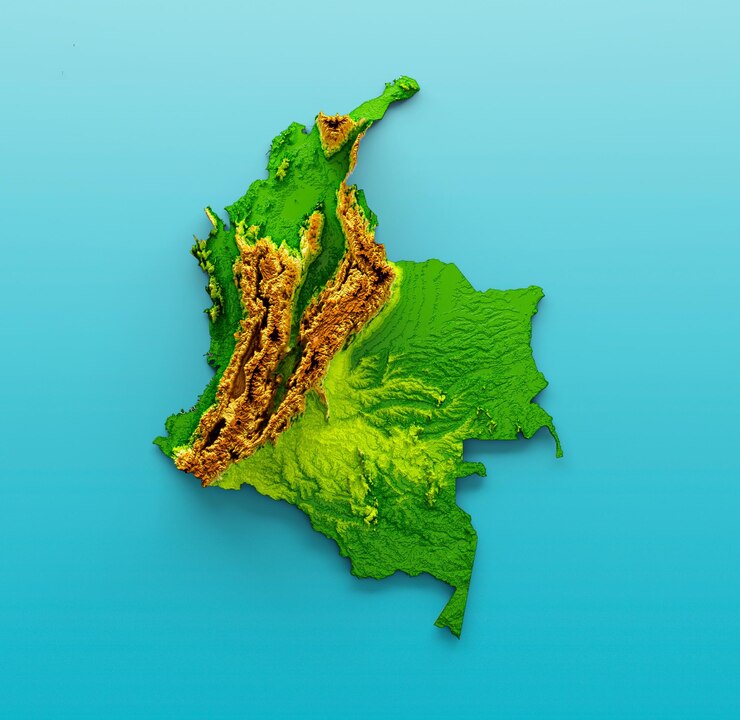 Foto mapa da colômbia, relevo sombreado, mapa de altura de cor no mar, fundo azul, ilustração 3d