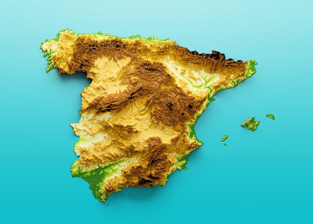 Mapa da Espanha, relevo sombreado, mapa de altura de cor no mar, fundo azul, ilustração 3d