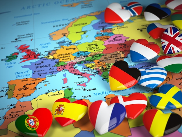 Mapa da Europa e corações com bandeiras de países europeus 3d