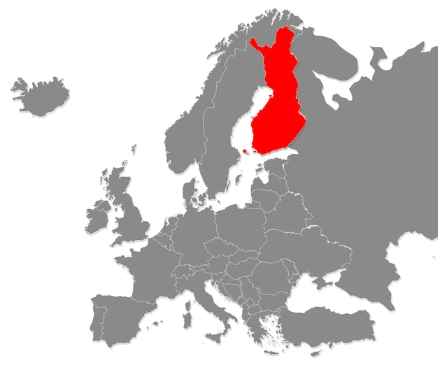 Mapa da Finlândia destacado com vermelho no mapa da Europa