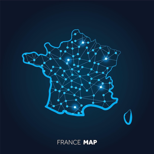 Mapa da França feito com linhas conectadas e pontos brilhantes