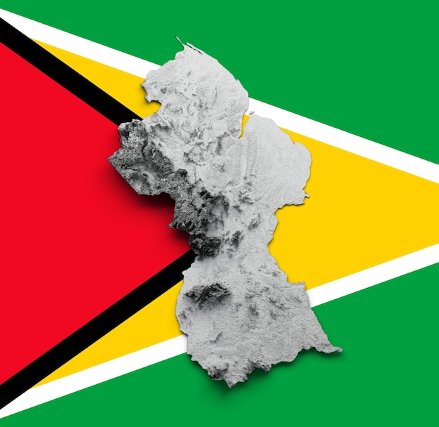 Mapa da Guiana branco Relevo sombreado Mapa de altura da cor na ilustração 3d do fundo da bandeira