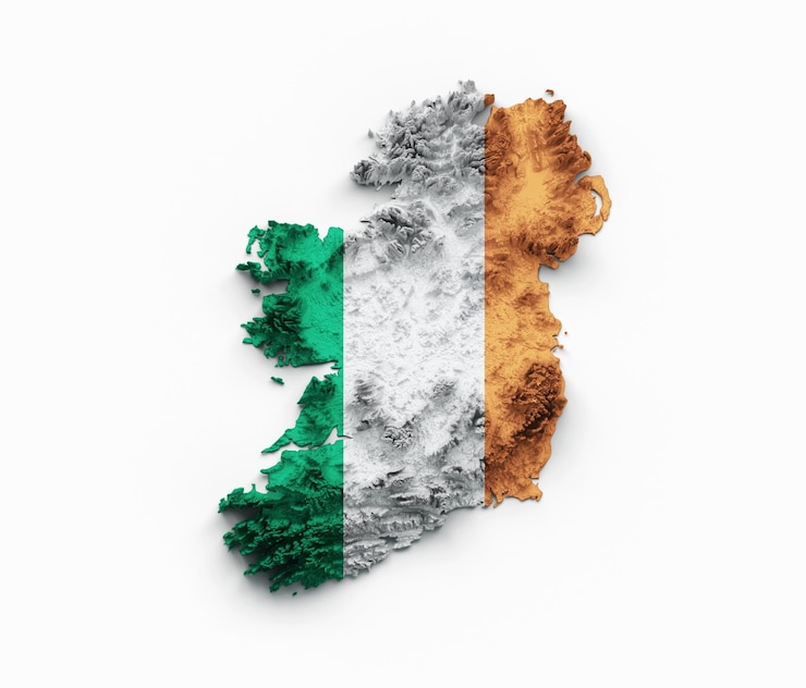 Foto mapa da irlanda bandeira da irlanda alívio sombreado mapa de altura de cor na ilustração 3d de fundo branco