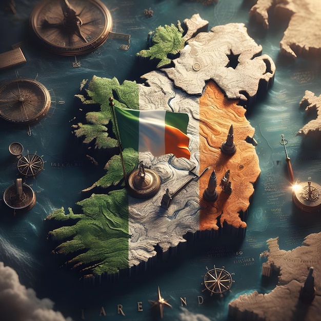 Mapa da Irlanda com a bandeira do país agitando foto realista