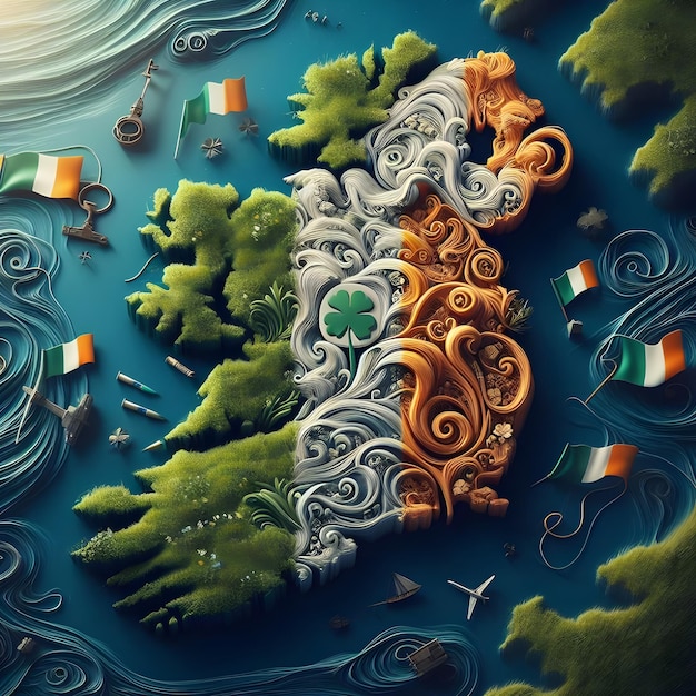 Mapa da Irlanda com a bandeira do país agitando foto realista