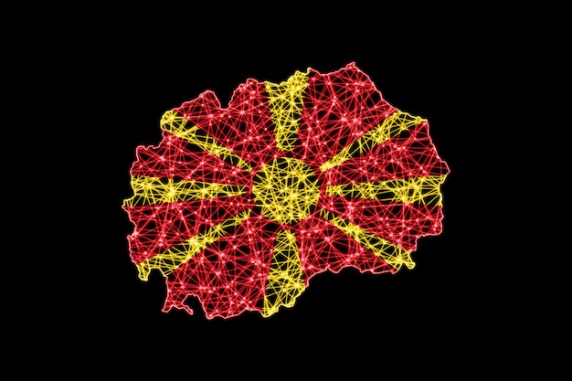 Mapa da macedônia do norte, mapa de linha de malha poligonal, mapa de bandeira